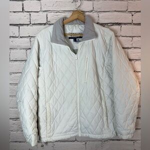 Women's Columbia White Quilted Puffer Jacket size Large Coat with Gray Collar